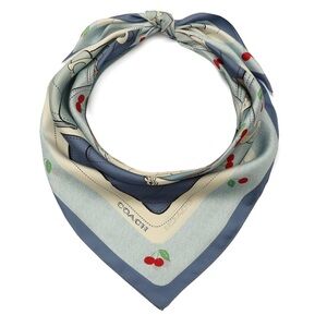 New Coach Blue and Cream Tabby Cherry Print Silk Scarf